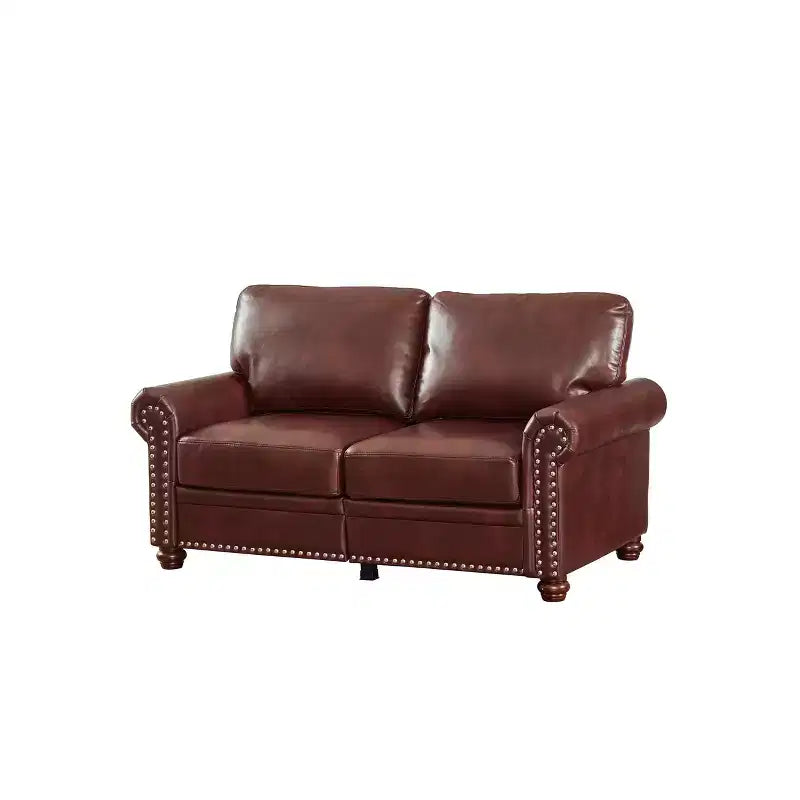 MAYEERTY Smooth PU Upholsterey Sofa with Sliver Nail Decor 2 Removable Under-Seat Storage Boxes for Living Room Brown
