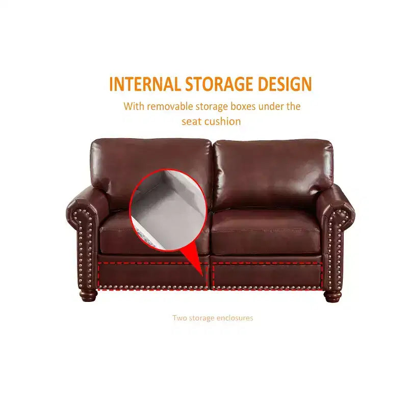 MAYEERTY Smooth PU Upholsterey Sofa with Sliver Nail Decor 2 Removable Under-Seat Storage Boxes for Living Room Brown