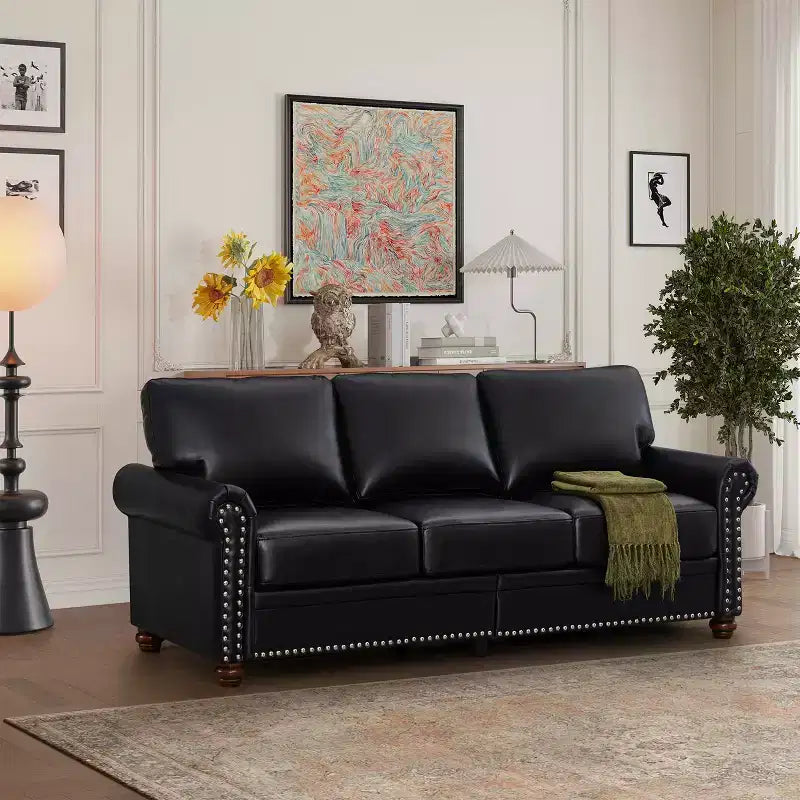 MAYEERTY Sturdy Sofa with Silver Nail Decoration 2 Removable Storage Silver Nail PU Upholstery for Living Room Office Black