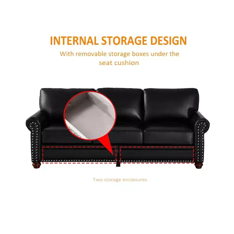 MAYEERTY Sturdy Sofa with Silver Nail Decoration 2 Removable Storage Silver Nail PU Upholstery for Living Room Office Black