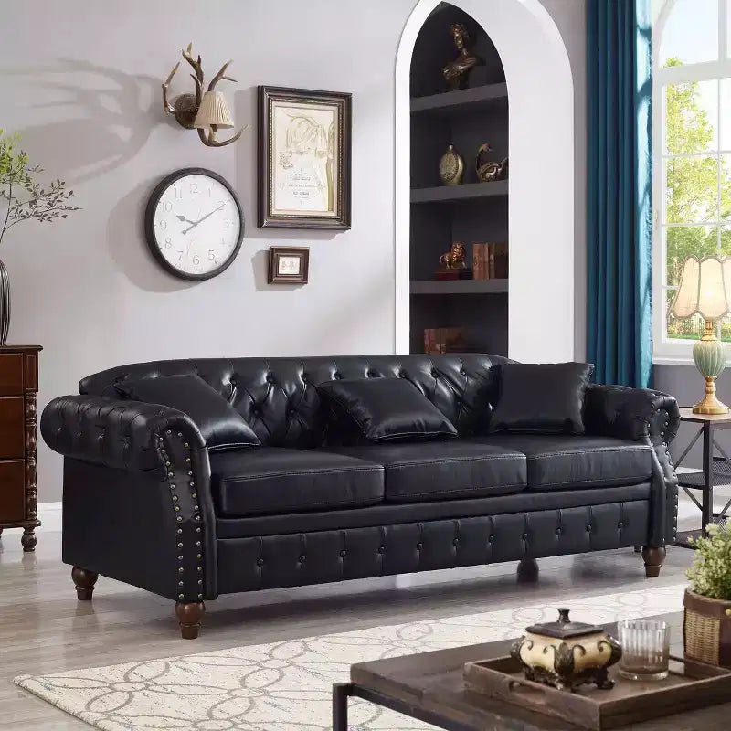 MAYEERTY 85.8 Living Room Chesterfield Sofa Classic Tufted Design Faux Leather PU Upholstered Sofa with Storage Black