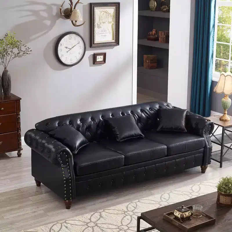 MAYEERTY 85.8 Living Room Chesterfield Sofa Classic Tufted Design Faux Leather PU Upholstered Sofa with Storage Black