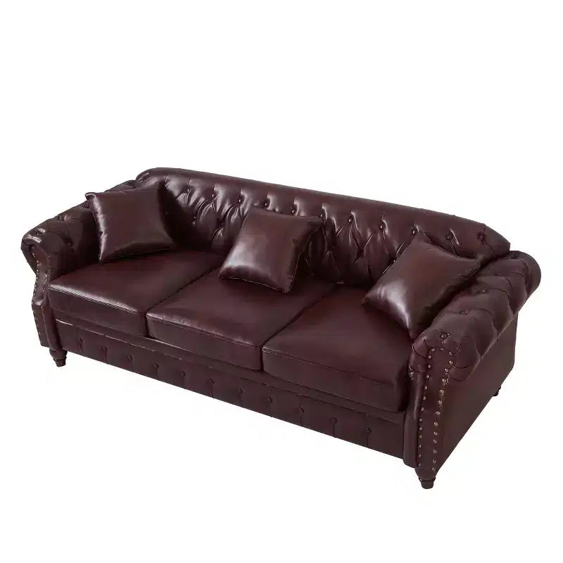 MAYEERTY 85.8 Living Room Chesterfield Sofa Classic Tufted Design Faux Leather PU Upholstered Sofa with Storage Burgundy