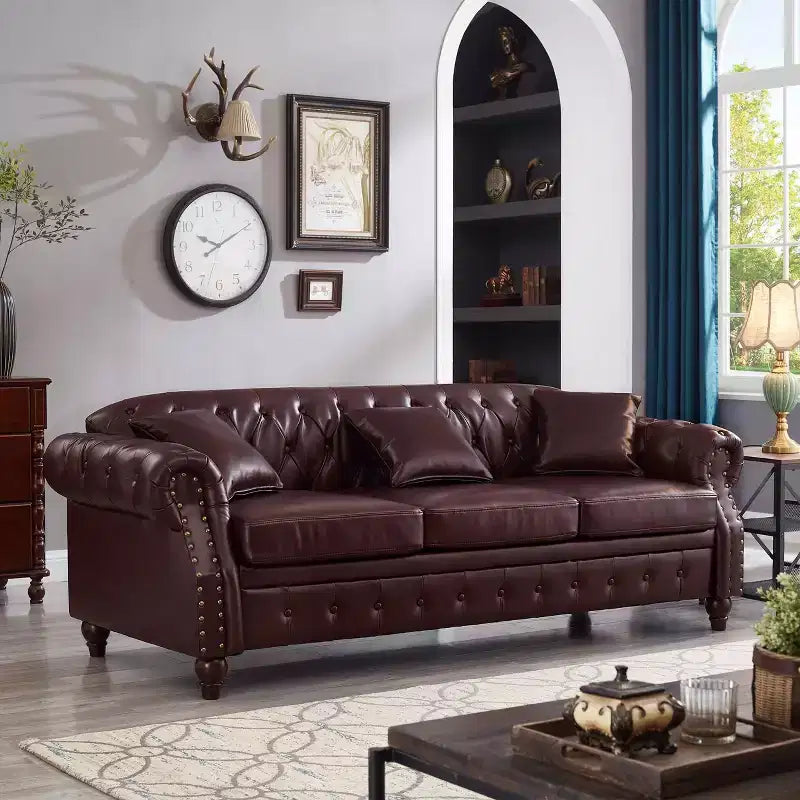MAYEERTY 85.8 Living Room Chesterfield Sofa Classic Tufted Design Faux Leather PU Upholstered Sofa with Storage Burgundy