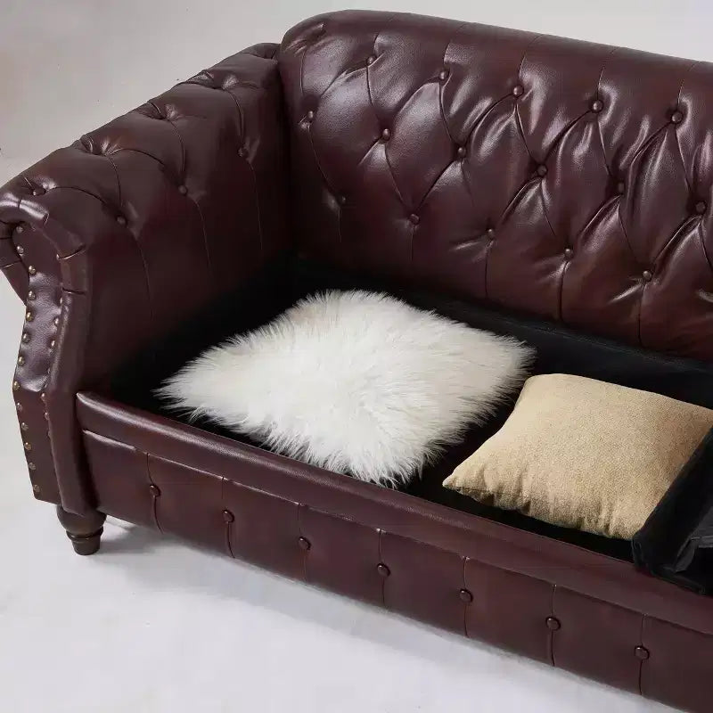 MAYEERTY 85.8 Living Room Chesterfield Sofa Classic Tufted Design Faux Leather PU Upholstered Sofa with Storage Burgundy