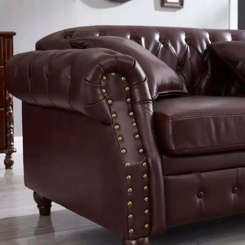 MAYEERTY 85.8 Living Room Chesterfield Sofa Classic Tufted Design Faux Leather PU Upholstered Sofa with Storage Burgundy