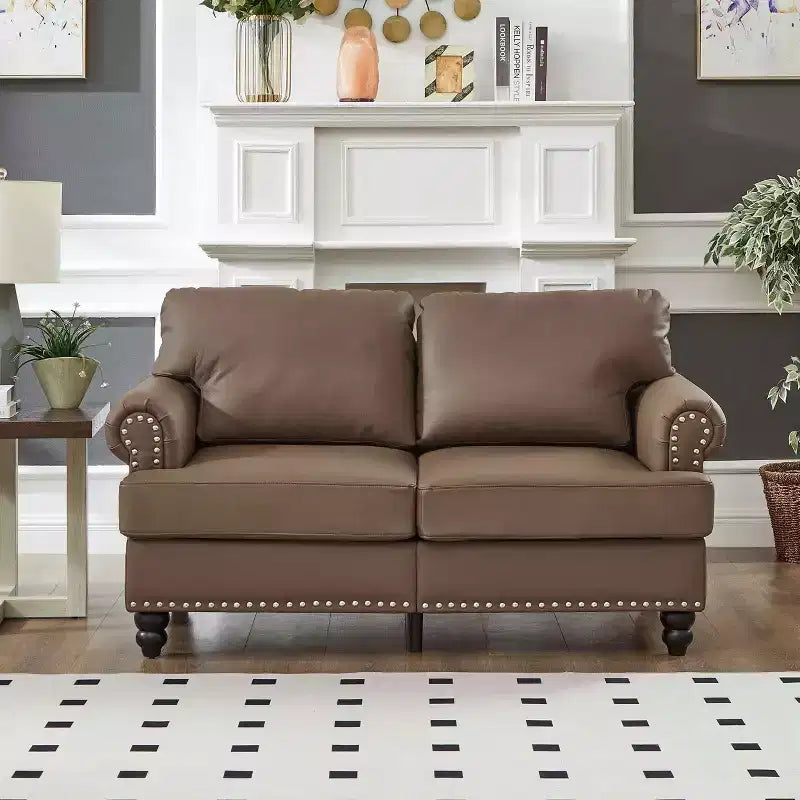 MAYEERTY 59.5 Modern Classic Lovaseater Sofa with Nails Upgolstered Initation Cowhide Leather for Living Room Brown