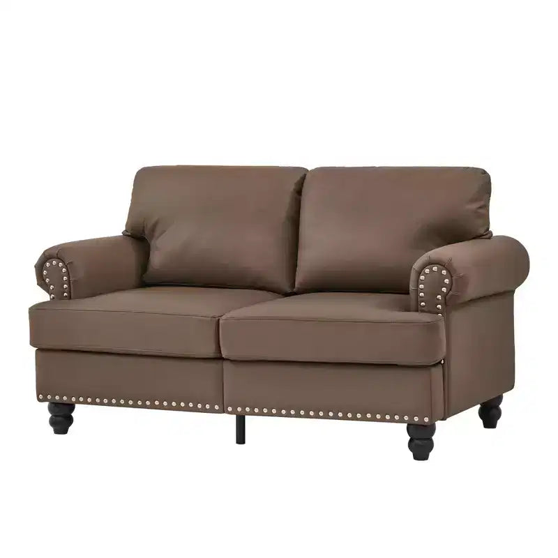 MAYEERTY 59.5 Modern Classic Lovaseater Sofa with Nails Upgolstered Initation Cowhide Leather for Living Room Brown
