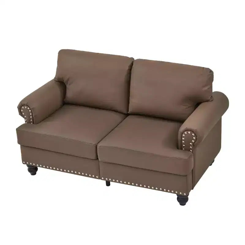MAYEERTY 59.5 Modern Classic Lovaseater Sofa with Nails Upgolstered Initation Cowhide Leather for Living Room Brown