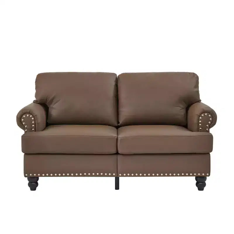 MAYEERTY 59.5 Modern Classic Lovaseater Sofa with Nails Upgolstered Initation Cowhide Leather for Living Room Brown