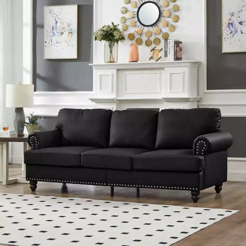 MAYEERTY 83 Modern Three Seater Sofa with Nails Upholstered Initation Cowhide Leather for Living Room Black