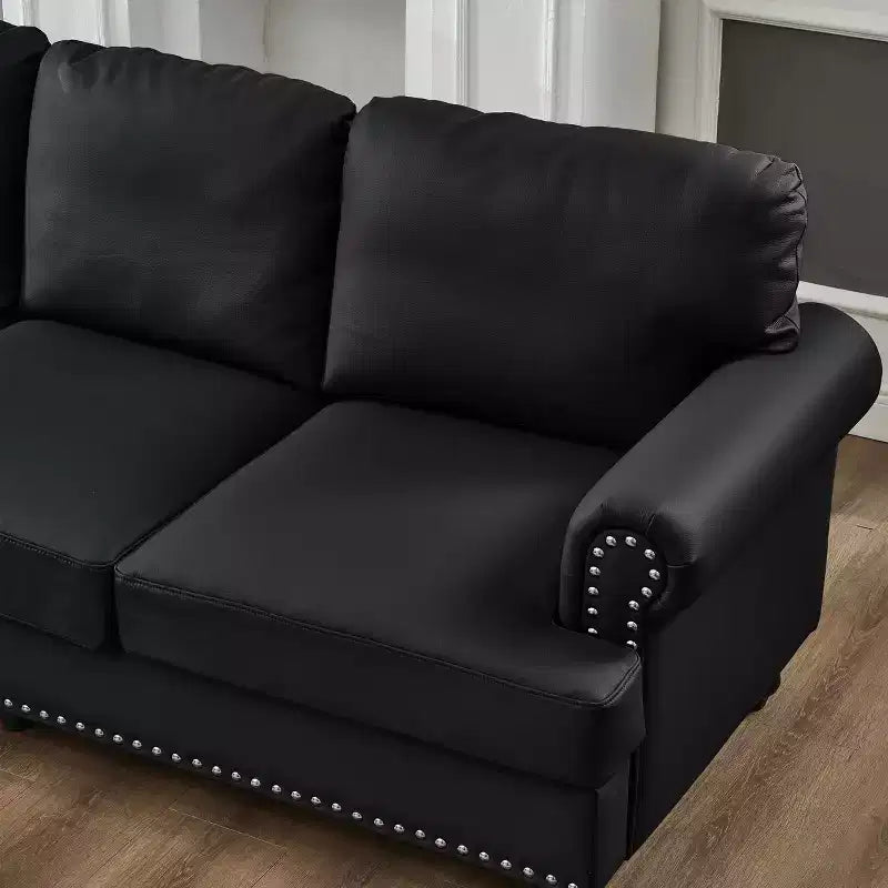 MAYEERTY 83 Modern Three Seater Sofa with Nails Upholstered Initation Cowhide Leather for Living Room Black