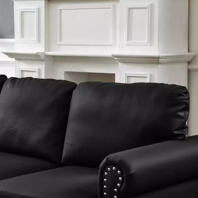 MAYEERTY 83 Modern Three Seater Sofa with Nails Upholstered Initation Cowhide Leather for Living Room Black
