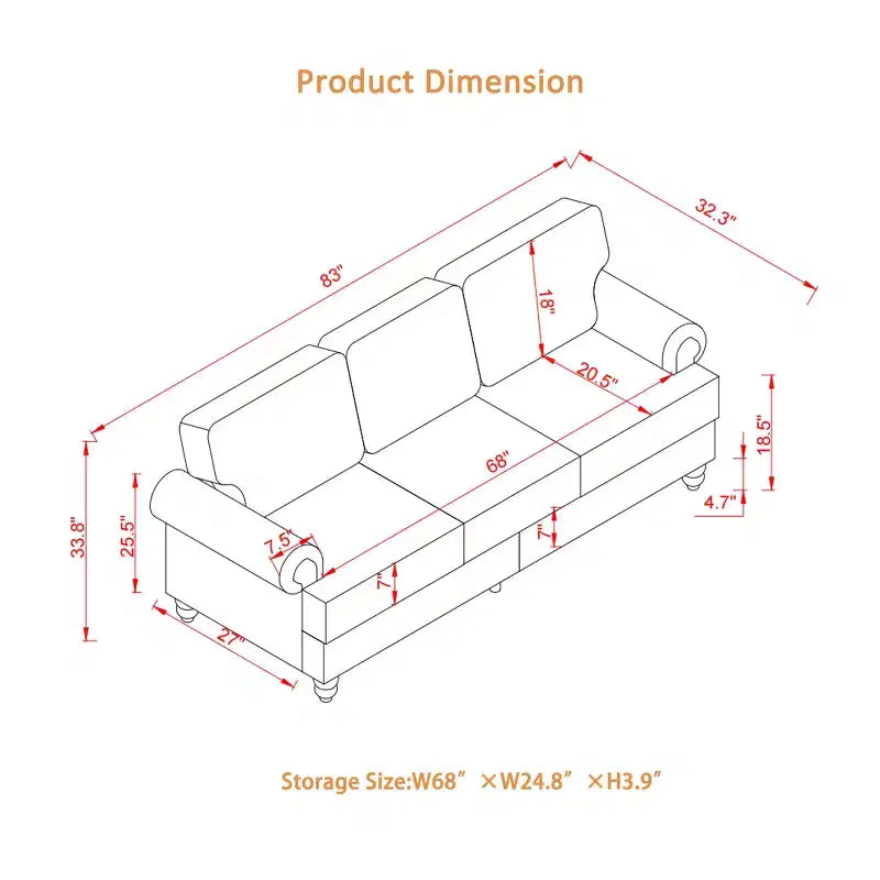 MAYEERTY 83 Modern Three Seater Sofa with Nails Upholstered Initation Cowhide Leather for Living Room Black