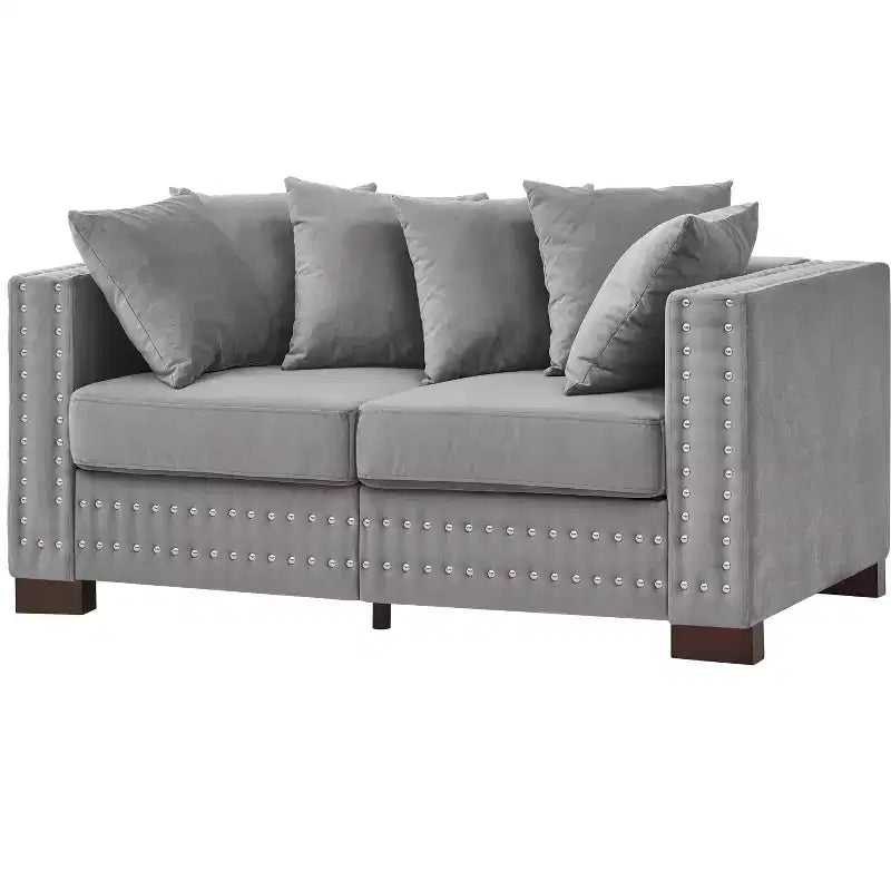 MAYEERTY Canapé 2 places moderne 60,5'' avec clous argentés, accoudoirs carrés, en velours rembourré pour salon Gris