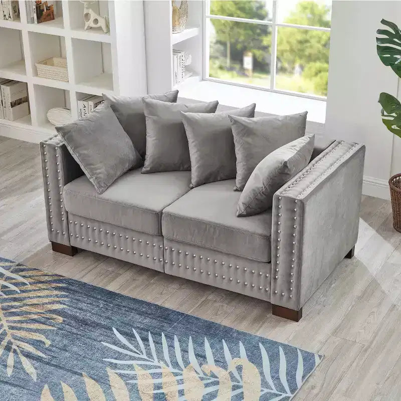 MAYEERTY Canapé 2 places moderne 60,5'' avec clous argentés, accoudoirs carrés, en velours rembourré pour salon Gris