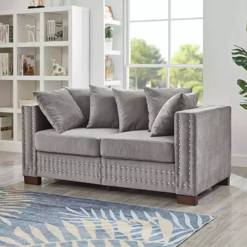MAYEERTY Canapé 2 places moderne 60,5'' avec clous argentés, accoudoirs carrés, en velours rembourré pour salon Gris