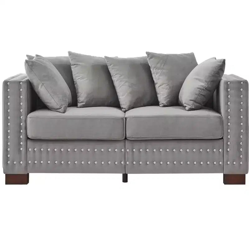 MAYEERTY Canapé 2 places moderne 60,5'' avec clous argentés, accoudoirs carrés, en velours rembourré pour salon Gris