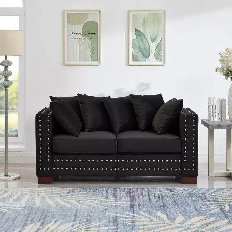 MAYEERTY 60.5 Modern Loveseater Sofa with Silver Nails Square Armrest Upholstered Velvet for Living Room Black
