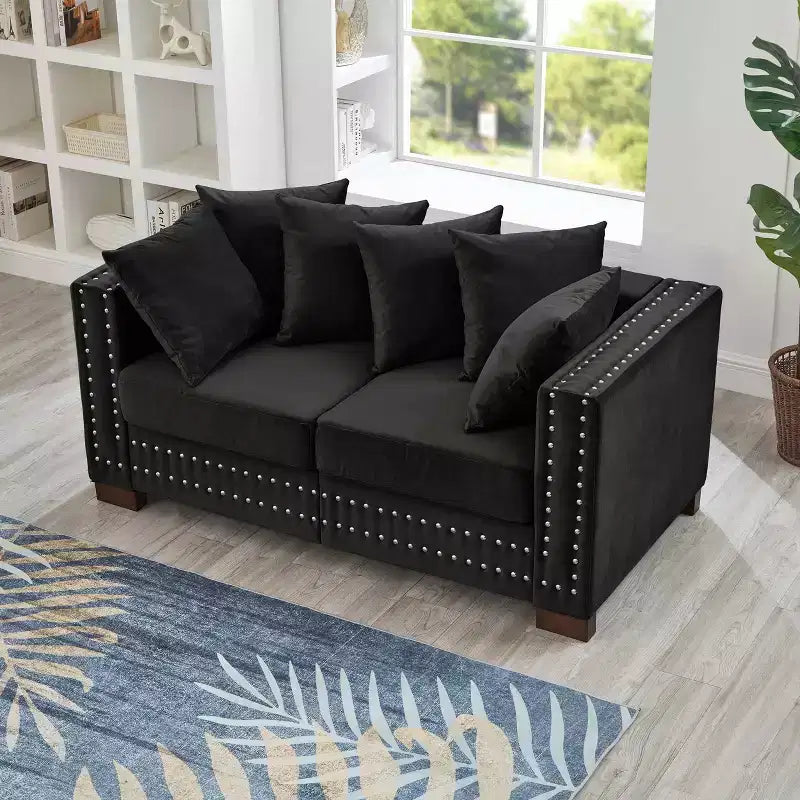 MAYEERTY 60.5 Modern Loveseater Sofa with Silver Nails Square Armrest Upholstered Velvet for Living Room Black