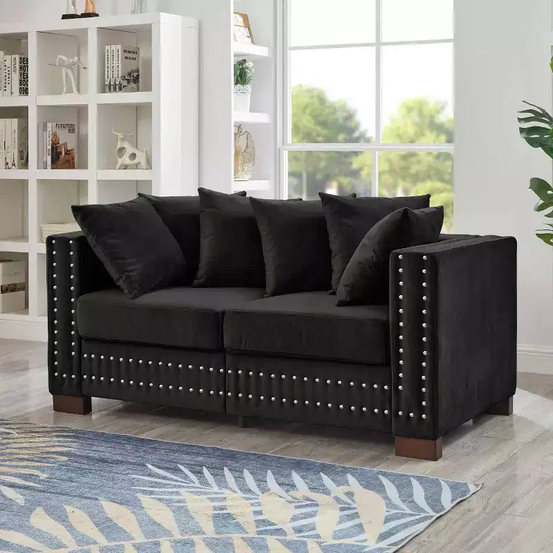 MAYEERTY 60.5 Modern Loveseater Sofa with Silver Nails Square Armrest Upholstered Velvet for Living Room Black