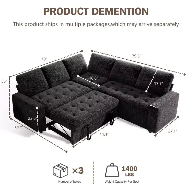 Canapé-lit modulaire d'angle 5 places Dyonery avec lit gigogne/ports USB/dossier réglable/rangement, montage sans outil