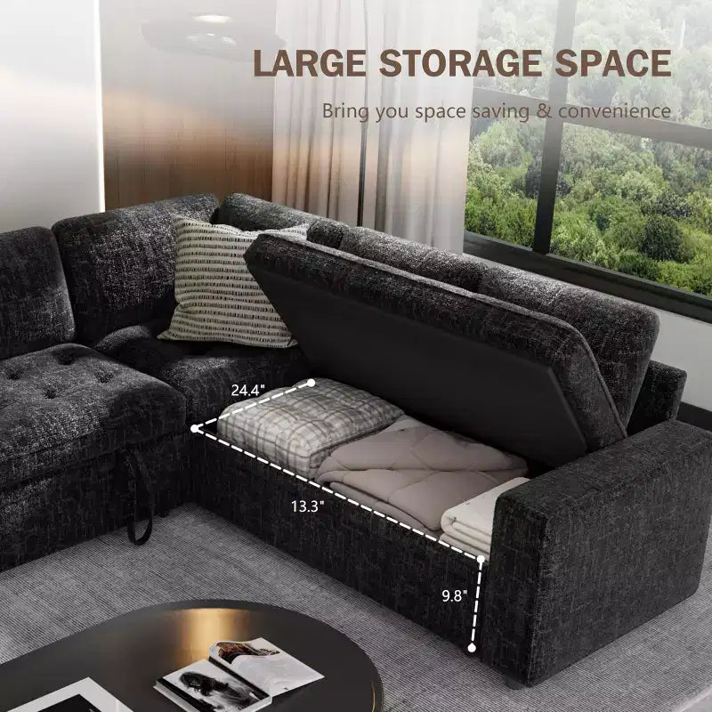 Canapé-lit modulaire d'angle 5 places Dyonery avec lit gigogne/ports USB/dossier réglable/rangement, montage sans outil