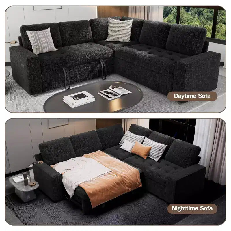 Canapé-lit modulaire d'angle 5 places Dyonery avec lit gigogne/ports USB/dossier réglable/rangement, montage sans outil