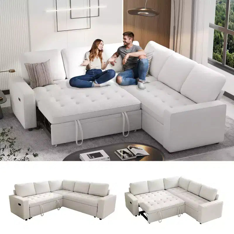 Canapé-lit modulaire d'angle 5 places Dyonery avec lit gigogne/ports USB/dossier réglable/rangement, montage sans outil