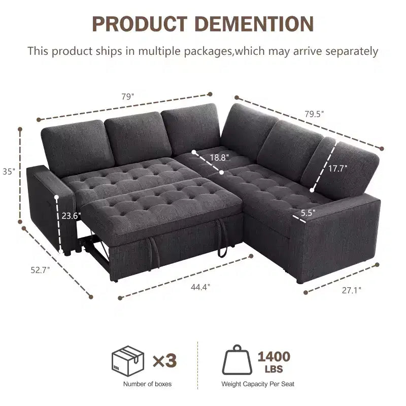 Canapé-lit modulaire d'angle 5 places Dyonery avec lit gigogne/ports USB/dossier réglable/rangement, montage sans outil
