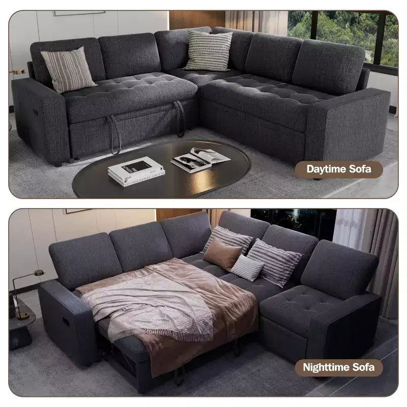 Canapé-lit modulaire d'angle 5 places Dyonery avec lit gigogne/ports USB/dossier réglable/rangement, montage sans outil