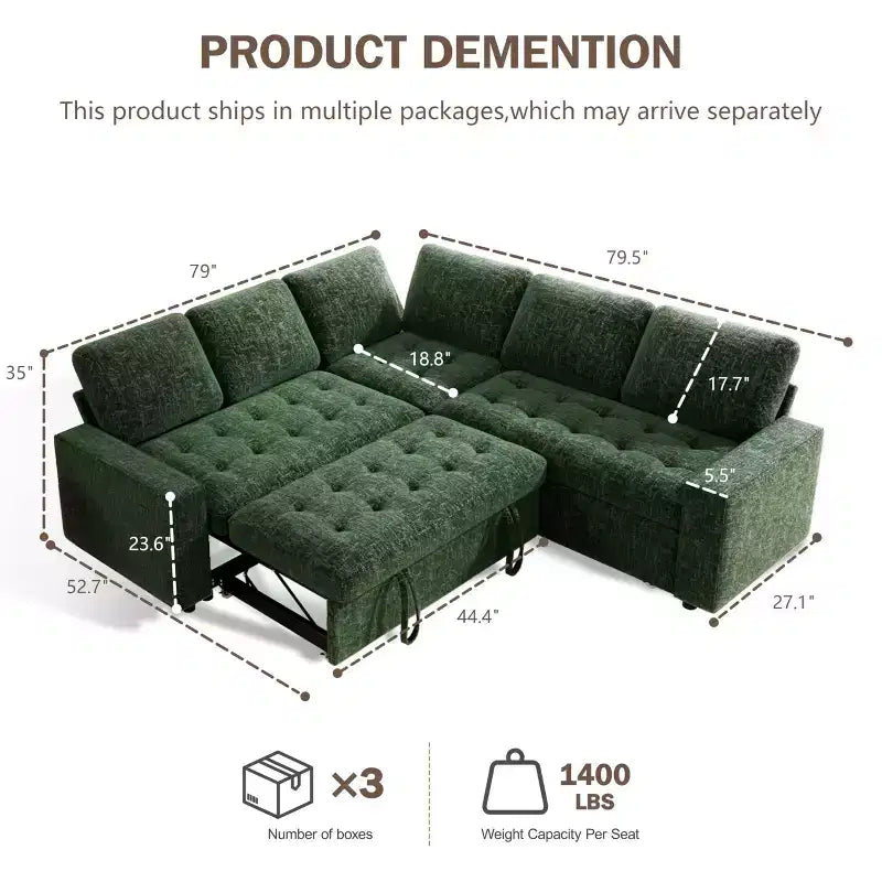 Canapé-lit modulaire d'angle 5 places Dyonery avec lit gigogne/ports USB/dossier réglable/rangement, montage sans outil