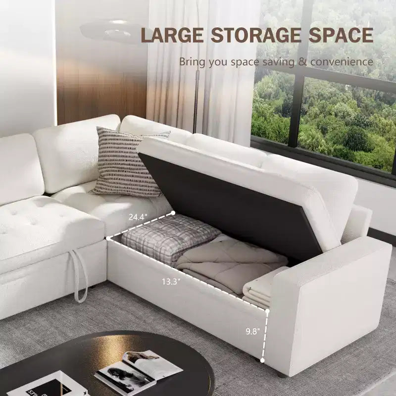 Canapé-lit modulaire d'angle 5 places Dyonery avec lit gigogne/ports USB/dossier réglable/rangement, montage sans outil