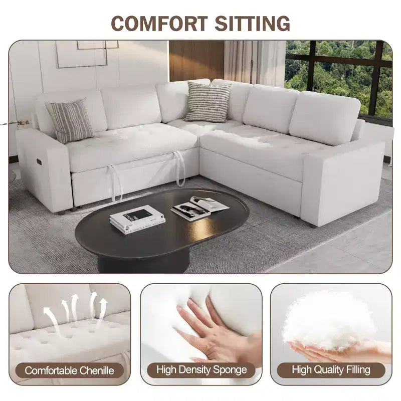 Canapé-lit modulaire d'angle 5 places Dyonery avec lit gigogne/ports USB/dossier réglable/rangement, montage sans outil
