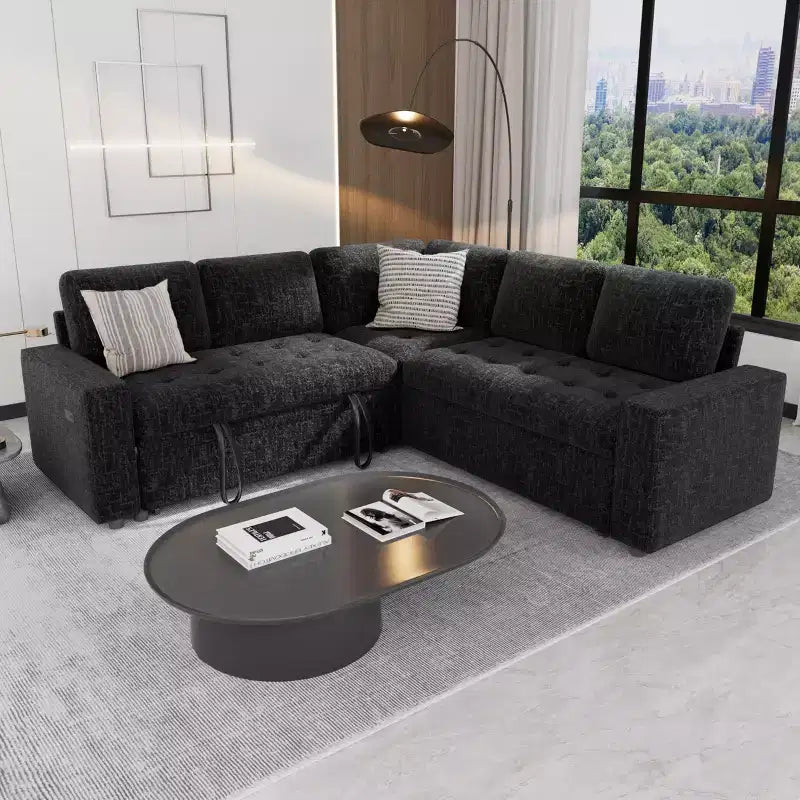Dyonery 5 Seat L Shaped Modular Sectional Sleeper Sofa Bed with Pull Out Bed/USB Ports/Adjustable Backrest/Storage, Tool-Free Assembly