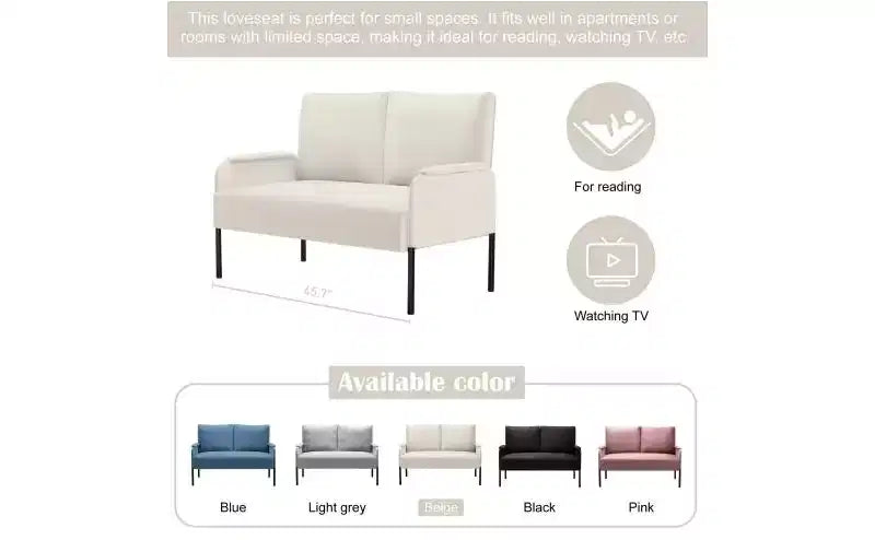Okak Modern Metal Frame Small Loveseat Sofa with Padding Arms,Upholstered Futon Sofa Couch for Living Room,Apartment