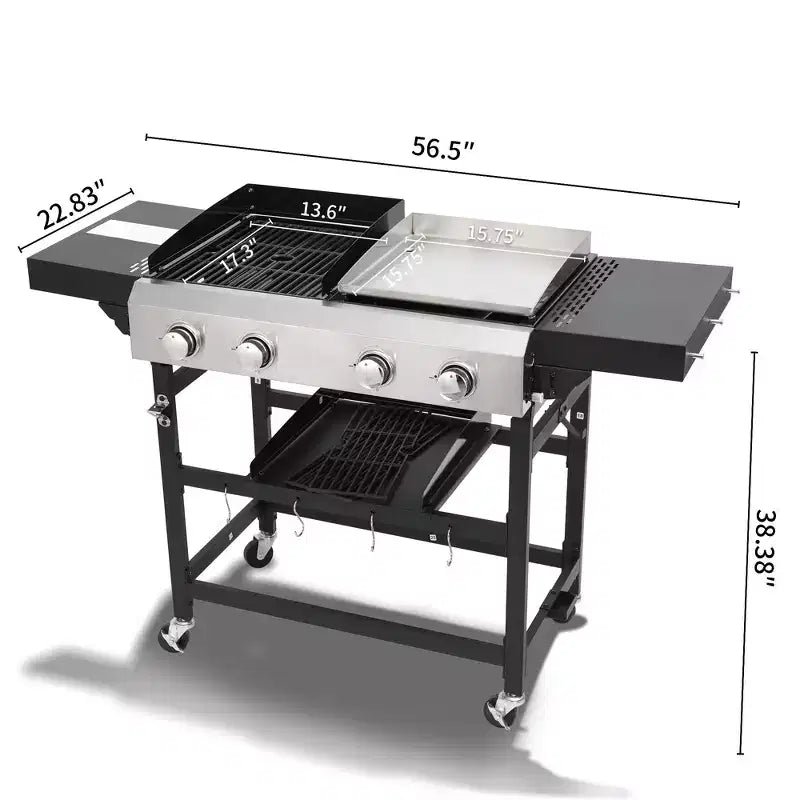 Barbecue à gaz 2+2 brûleurs avec plancha, plaque de cuisson plate et grille de barbecue, grill extérieur au propane pour le jardin, la terrasse, le camping et les repas en famille
