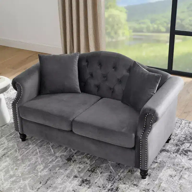 Canapé 2 places en velours Chesterfield de 145 cm, avec accoudoirs arrondis, garniture cloutée pour petit salon, chambre à coucher, appartement-Panipeachy