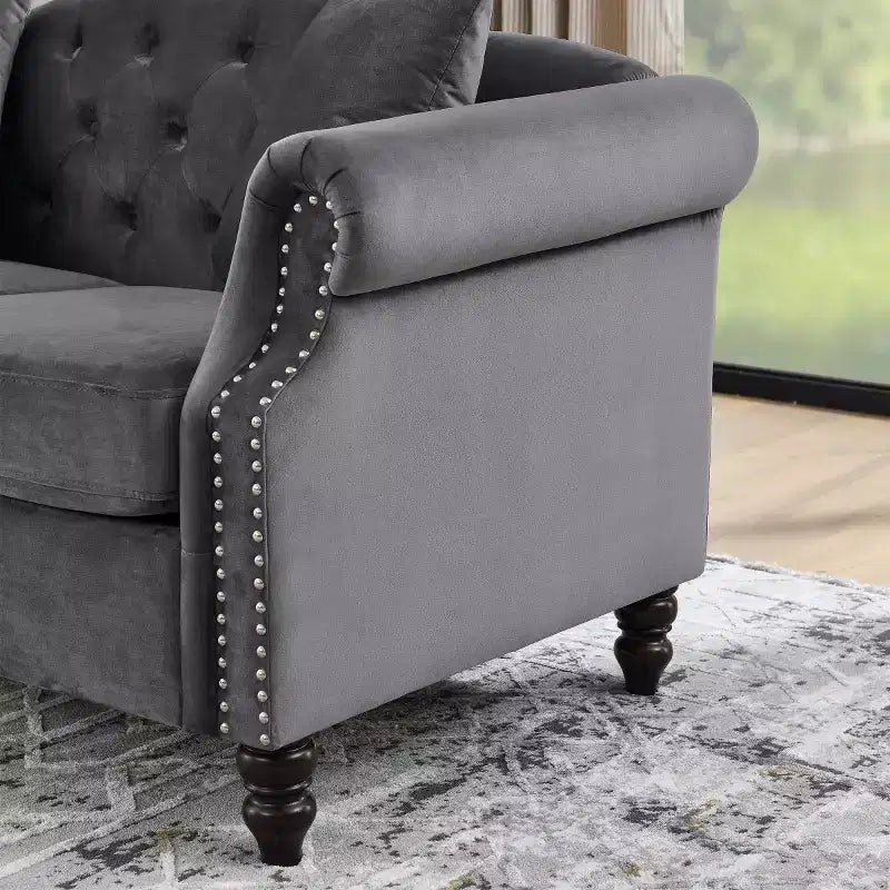 Canapé 2 places en velours Chesterfield de 145 cm, avec accoudoirs arrondis, garniture cloutée pour petit salon, chambre à coucher, appartement-Panipeachy