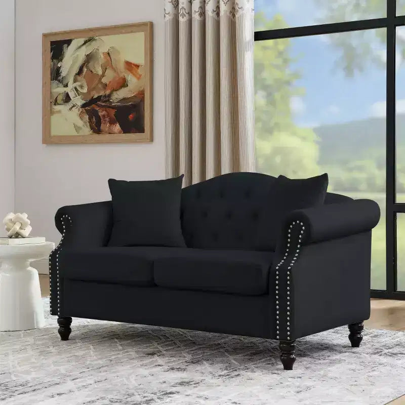 Canapé 2 places en velours Chesterfield de 145 cm, avec accoudoirs arrondis, garniture cloutée pour petit salon, chambre à coucher, appartement-Panipeachy
