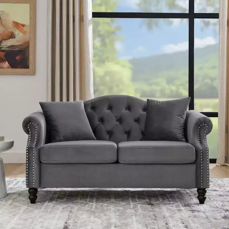 57 Chesterfield Velvet Loveseat Sofa, 2 Seater Couch with Rolled Arms, Nailhead Trim for Small Living Room, Bedroom, Apartment-Panipeachy