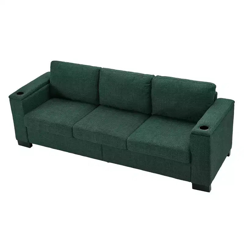 MAYEERTY 93.7 Modern Style Living Room Sofa Fabric Couch Square Arm Sofa with Cup Holder Upholstered Polyester Green