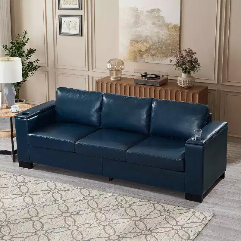 MAYEERTY 93.7 Canapé moderne en similicuir avec accoudoirs carrés, porte-gobelet en PU pour salon, bleu marine