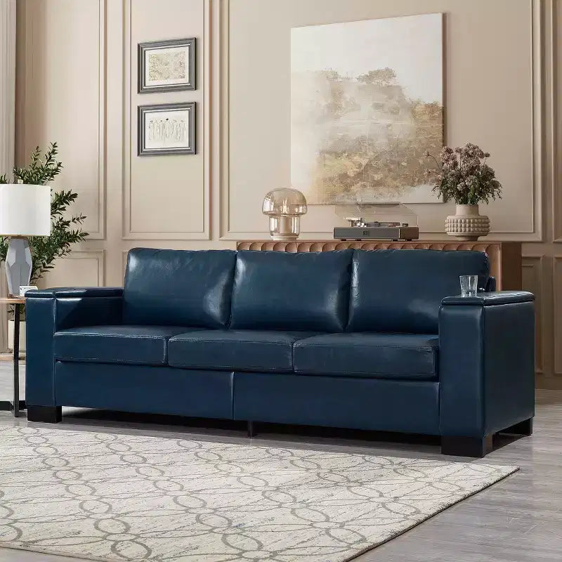 MAYEERTY 93.7 Canapé moderne en similicuir avec accoudoirs carrés, porte-gobelet en PU pour salon, bleu marine