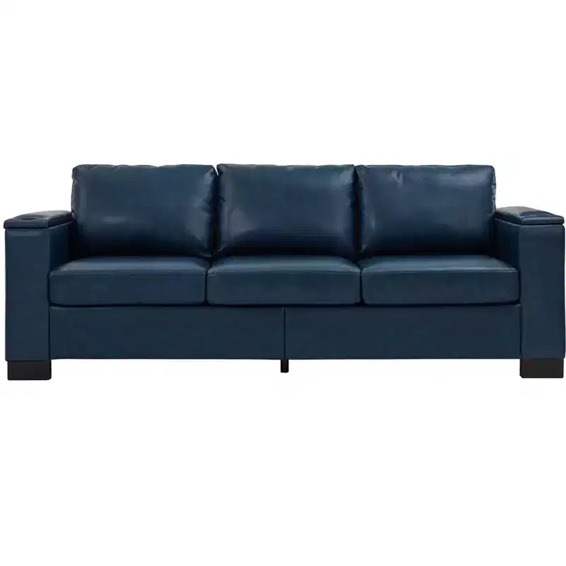 MAYEERTY 93.7 Canapé moderne en similicuir avec accoudoirs carrés, porte-gobelet en PU pour salon, bleu marine