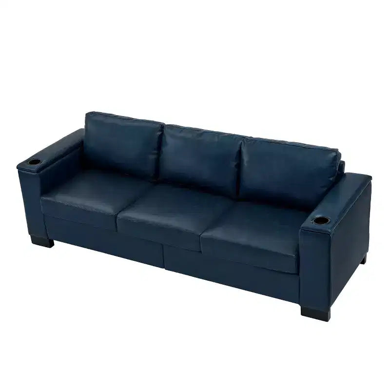 MAYEERTY 93.7 Canapé moderne en similicuir avec accoudoirs carrés, porte-gobelet en PU pour salon, bleu marine