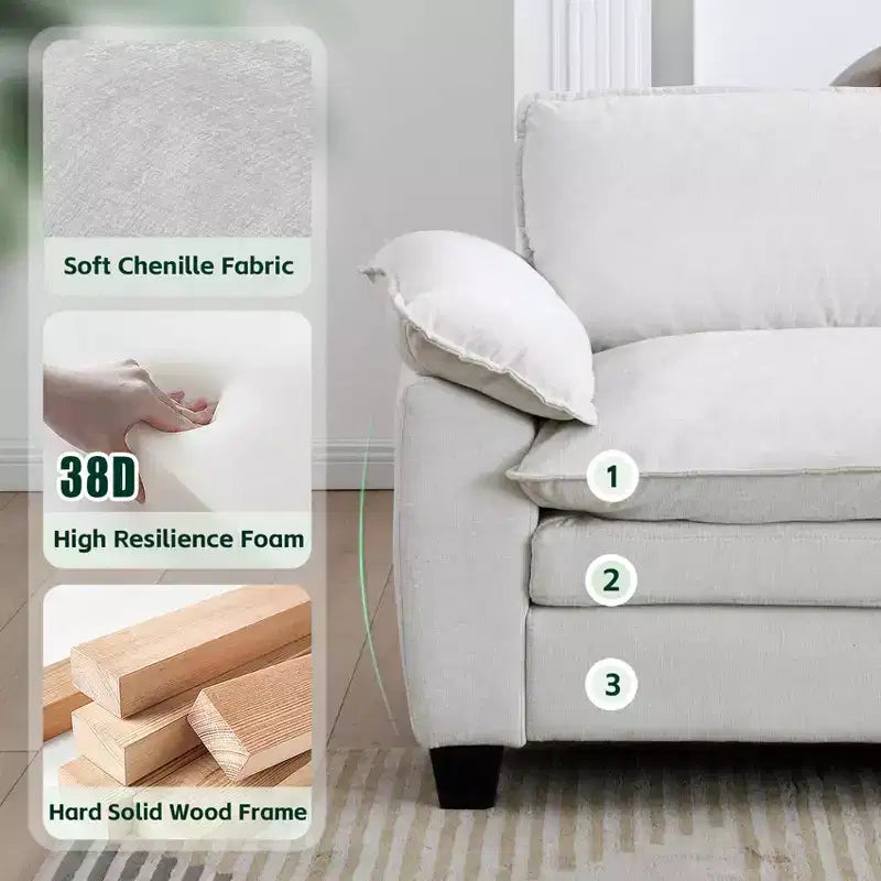 MAYEERTY Canapé de Luxe Moderne avec Ottoman, Canapé Rembourré en Tissu Chenille Doux pour Salon, Beige