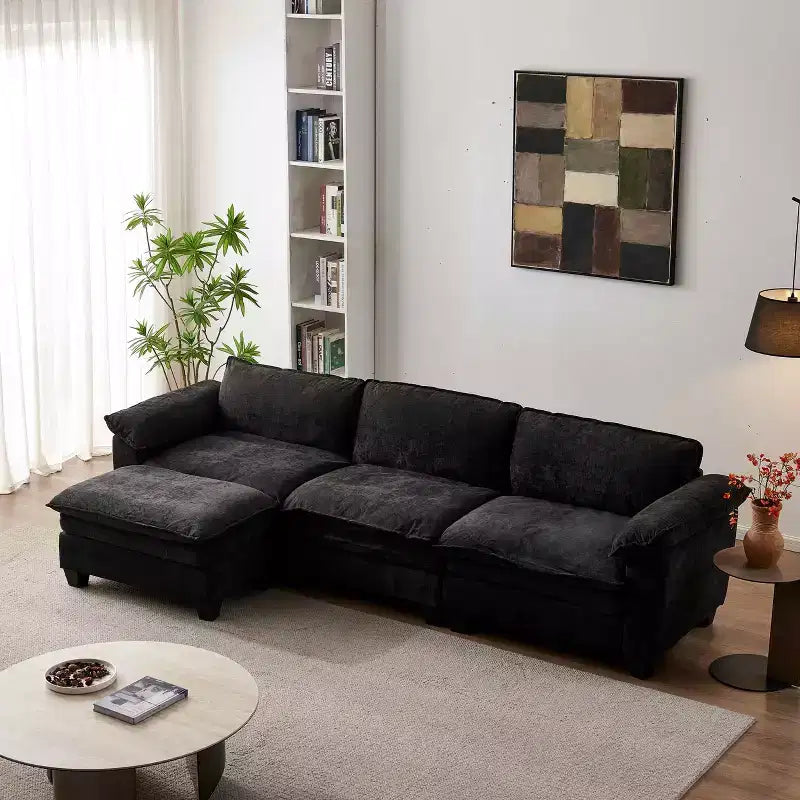 MAYEERTY Luxury Sofa with Ottomans Couch Chenille Upgolstered L Shape Sofa for Living Room Black