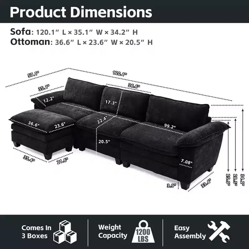 MAYEERTY Luxury Sofa with Ottomans Couch Chenille Upgolstered L Shape Sofa for Living Room Black