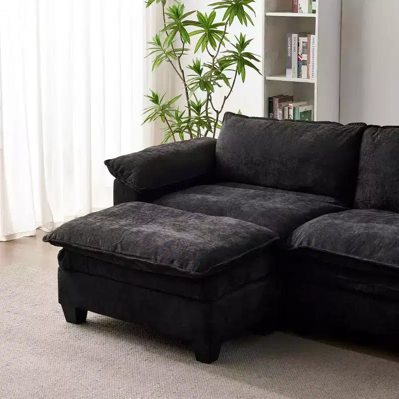 MAYEERTY Modern Luxury Sofa with Two Ottomans Soft Chenille Upholstered Sofa for Living Room Black